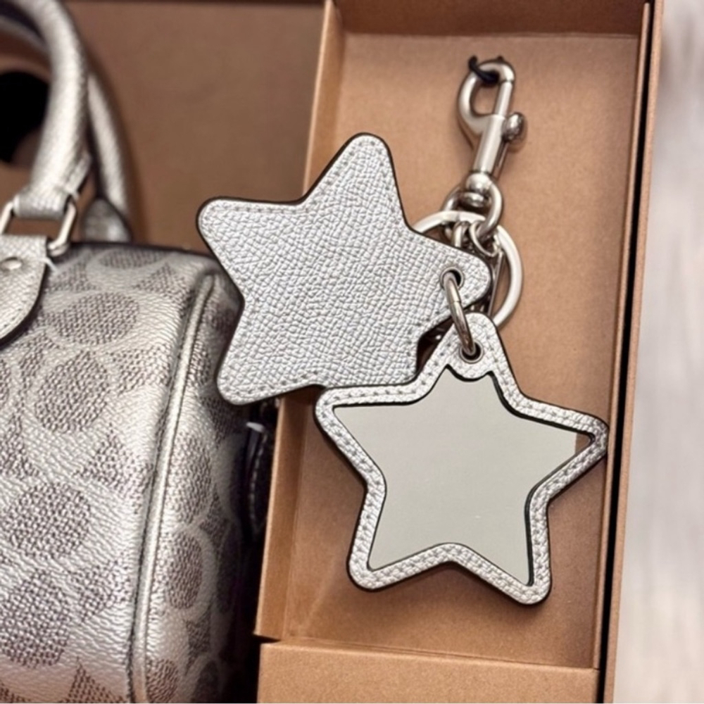 Coach Boxed Set Mini Rowan Bag with Mirror Bag Charm in Silver Signature Canvas - Picture 2 of 5